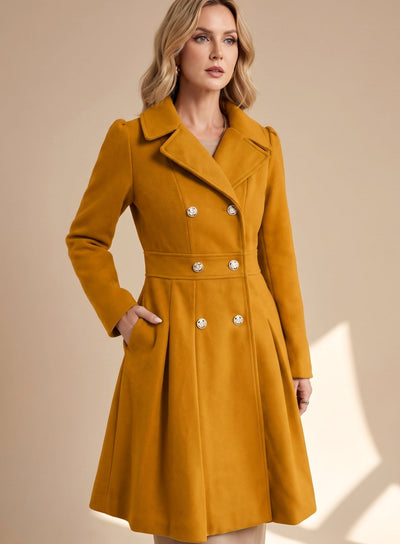 Greta | Damen Taillierter Doppelreihiger Ausgestellter Wollmantel mit Taschen