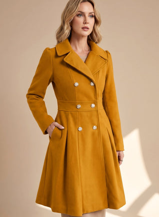 Greta | Damen Taillierter Doppelreihiger Ausgestellter Wollmantel mit Taschen