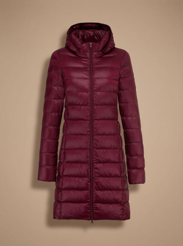 Nora | Damen Ultraleichte Lange Daunenjacke mit Kapuze Reißverschluss Winterjacke