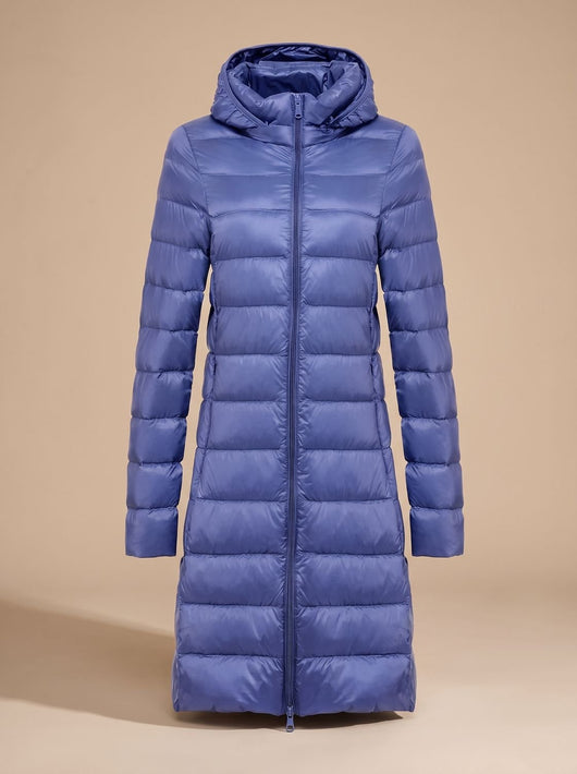 Nora | Damen Ultraleichte Lange Daunenjacke mit Kapuze Reißverschluss Winterjacke