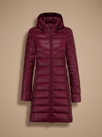 Nora | Damen Ultraleichte Lange Daunenjacke mit Kapuze Reißverschluss Winterjacke