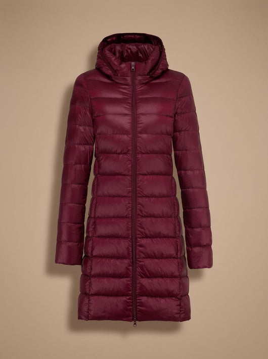 Nora | Damen Ultraleichte Lange Daunenjacke mit Kapuze Reißverschluss Winterjacke