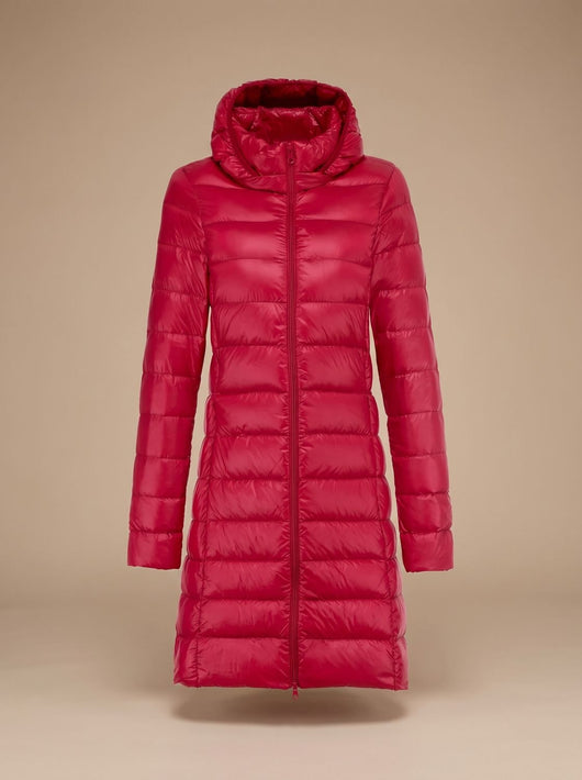 Nora | Damen Ultraleichte Lange Daunenjacke mit Kapuze Reißverschluss Winterjacke