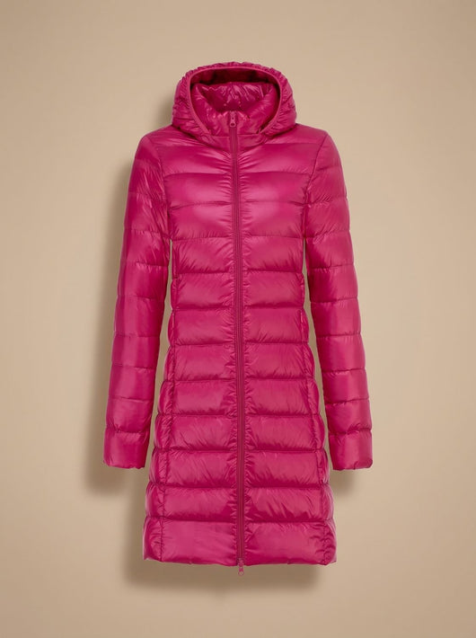 Nora | Damen Ultraleichte Lange Daunenjacke mit Kapuze Reißverschluss Winterjacke