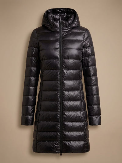 Nora | Damen Ultraleichte Lange Daunenjacke mit Kapuze Reißverschluss Winterjacke