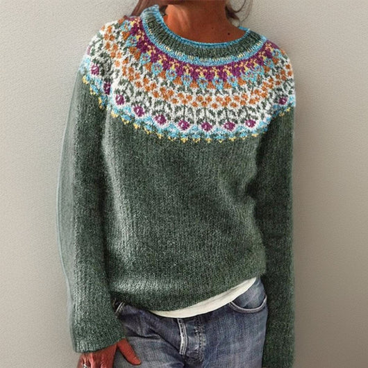 Greta | Damen Vintage Floral Knit Sweater mit isländischem Rundpassenmuster