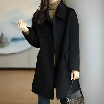 Marie | Damen Wollmantel Dame Zweireihiger Midi-Wintermantel mit Taschen
