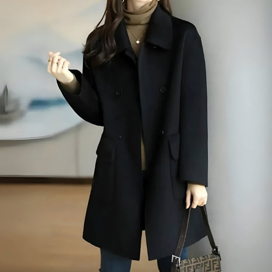 Marie | Damen Wollmantel Dame Zweireihiger Midi-Wintermantel mit Taschen