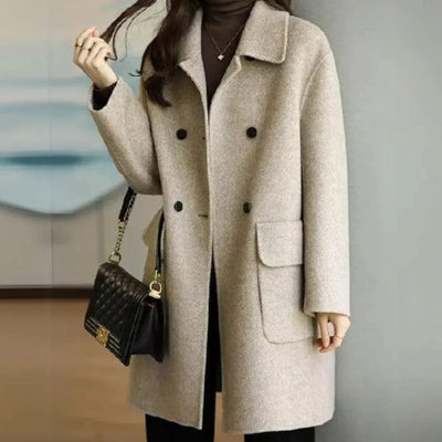 Marie | Damen Wollmantel Dame Zweireihiger Midi-Wintermantel mit Taschen