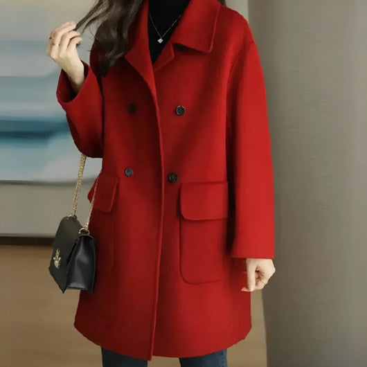 Marie | Damen Wollmantel Dame Zweireihiger Midi-Wintermantel mit Taschen