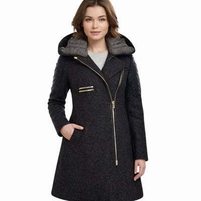 Johanna | Damen Wollmantel mit Kapuze Asymmetrischem Reißverschluss A-Linie
