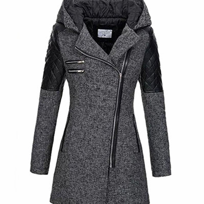 Johanna | Damen Wollmantel mit Kapuze Asymmetrischem Reißverschluss A-Linie