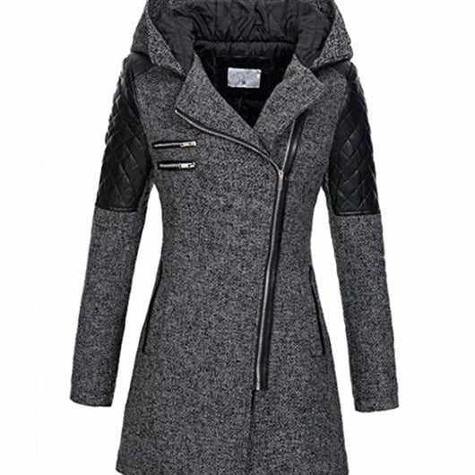 Johanna | Damen Wollmantel mit Kapuze Asymmetrischem Reißverschluss A-Linie