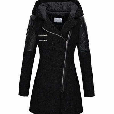 Johanna | Damen Wollmantel mit Kapuze Asymmetrischem Reißverschluss A-Linie