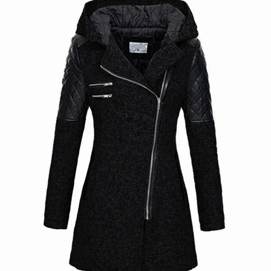 Johanna | Damen Wollmantel mit Kapuze Asymmetrischem Reißverschluss A-Linie