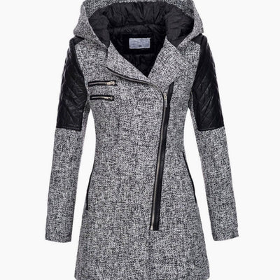 Johanna | Damen Wollmantel mit Kapuze Asymmetrischem Reißverschluss A-Linie