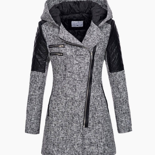Johanna | Damen Wollmantel mit Kapuze Asymmetrischem Reißverschluss A-Linie