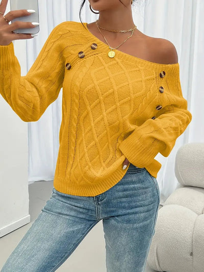 Leonie | Damen Zopfmuster Knit Sweater Rundhals Raglanärmel mit Knöpfen