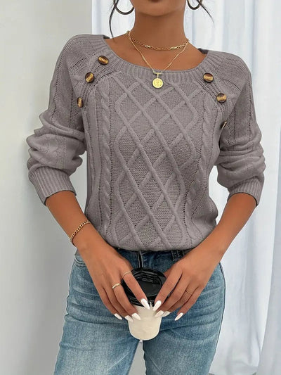 Leonie | Damen Zopfmuster Knit Sweater Rundhals Raglanärmel mit Knöpfen