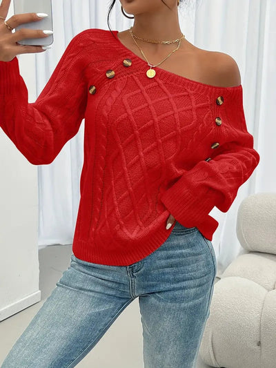 Leonie | Damen Zopfmuster Knit Sweater Rundhals Raglanärmel mit Knöpfen