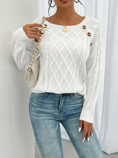 Leonie | Damen Zopfmuster Knit Sweater Rundhals Raglanärmel mit Knöpfen