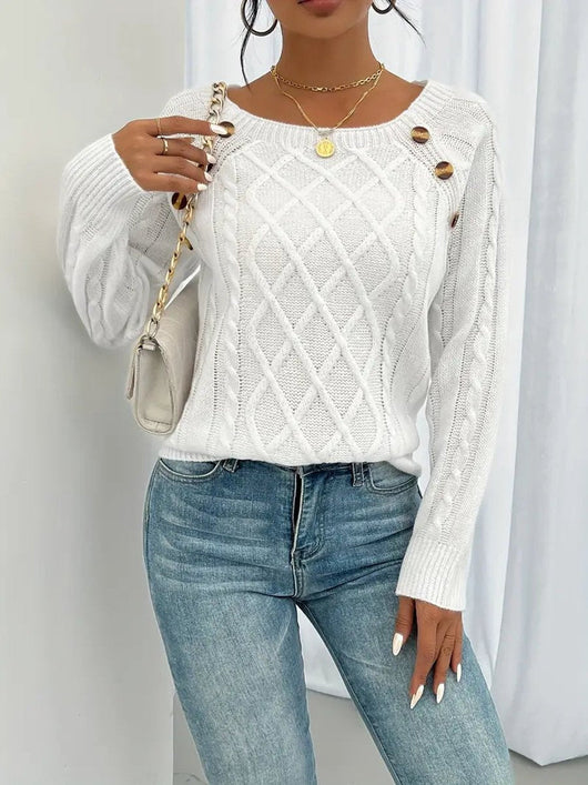 Leonie | Damen Zopfmuster Knit Sweater Rundhals Raglanärmel mit Knöpfen