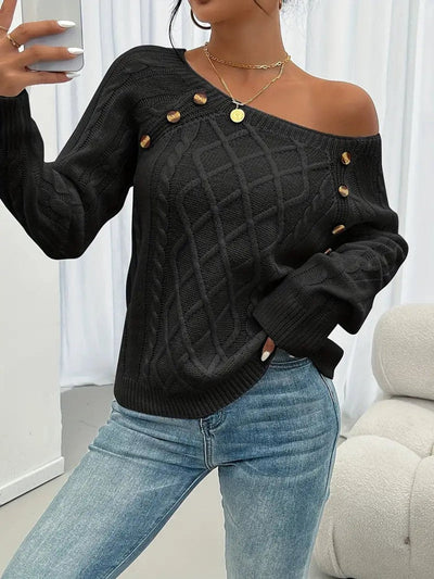 Leonie | Damen Zopfmuster Knit Sweater Rundhals Raglanärmel mit Knöpfen