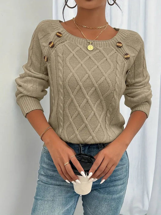 Leonie | Damen Zopfmuster Knit Sweater Rundhals Raglanärmel mit Knöpfen