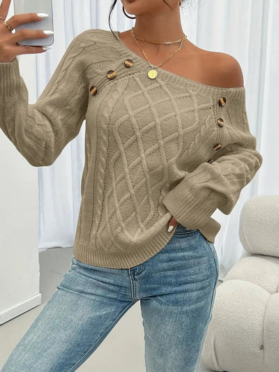 Leonie | Damen Zopfmuster Knit Sweater Rundhals Raglanärmel mit Knöpfen