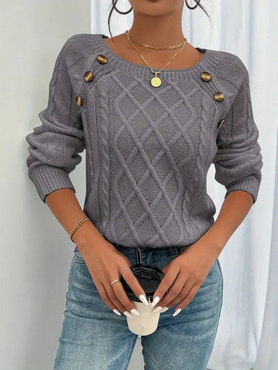 Leonie | Damen Zopfmuster Knit Sweater Rundhals Raglanärmel mit Knöpfen