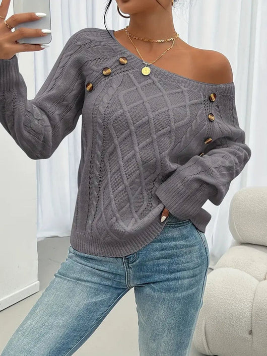 Leonie | Damen Zopfmuster Knit Sweater Rundhals Raglanärmel mit Knöpfen