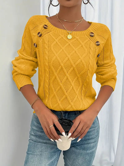 Leonie | Damen Zopfmuster Knit Sweater Rundhals Raglanärmel mit Knöpfen