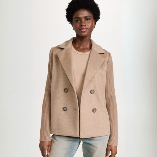 Nora | Damen Zweireiher Strickblazer mit Rippärmeln und Wolloptik