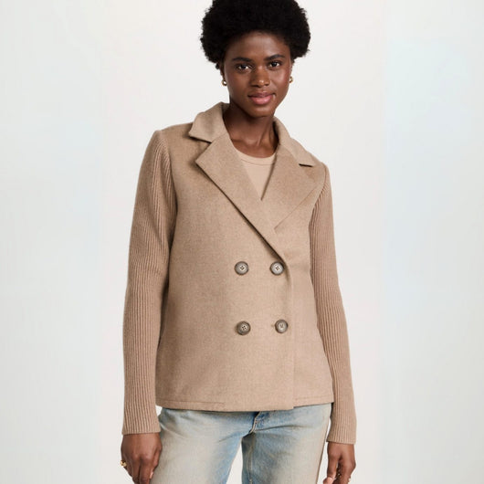 Nora | Damen Zweireiher Strickblazer mit Rippärmeln und Wolloptik