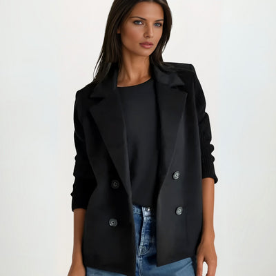 Nora | Damen Zweireiher Strickblazer mit Rippärmeln und Wolloptik