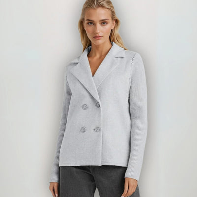Nora | Damen Zweireiher Strickblazer mit Rippärmeln und Wolloptik