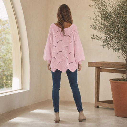 Frieda | Damen Oversized Hollow-Out Strickpullover mit Rundhalsausschnitt