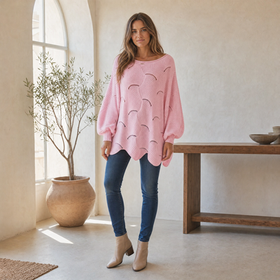 Frieda | Damen Oversized Hollow-Out Strickpullover mit Rundhalsausschnitt
