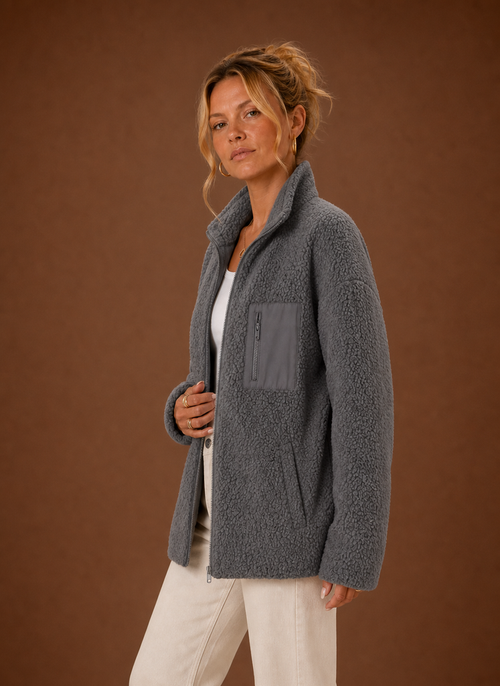 Damen Sherpa-Jacke mit durchgehendem Reißverschluss