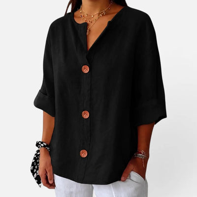 Damen Loose-Fit-Bluse mit V-Ausschnitt und 3/4-Ärmeln