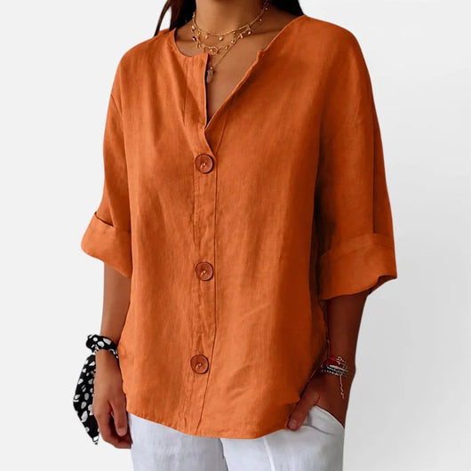 Damen Loose-Fit-Bluse mit V-Ausschnitt und 3/4-Ärmeln