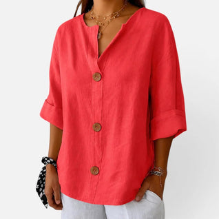 Damen Loose-Fit-Bluse mit V-Ausschnitt und 3/4-Ärmeln