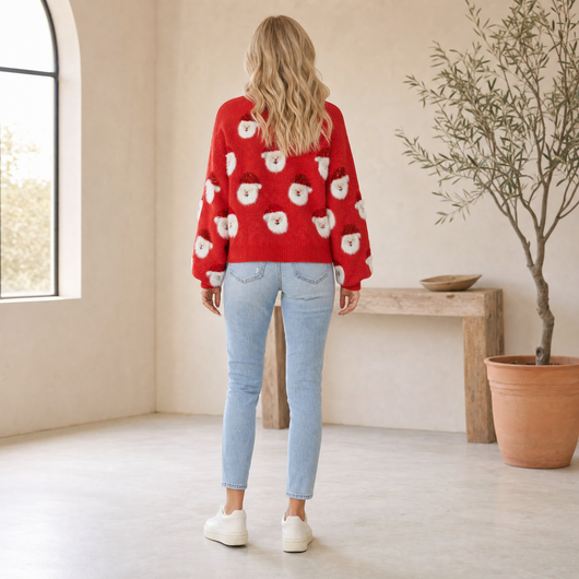 Lena | Damen Oversized Weihnachtspullover mit Weihnachtsmann-Muster Langarm