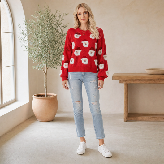 Lena | Damen Oversized Weihnachtspullover mit Weihnachtsmann-Muster Langarm
