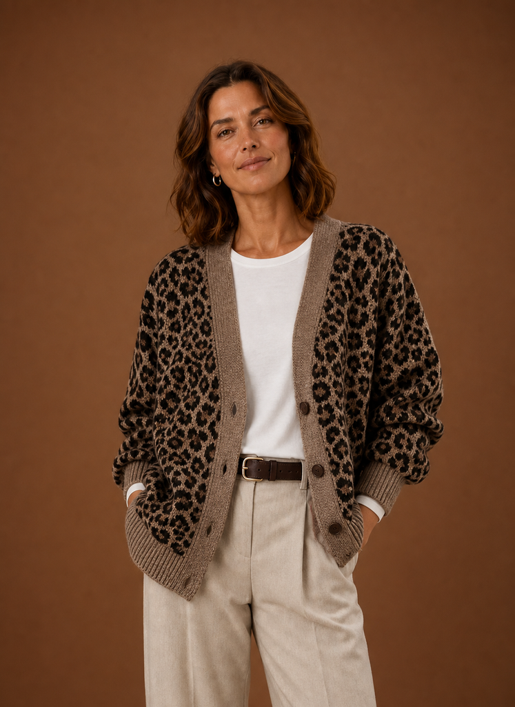 Damen Strickjacke mit Leopardenmuster