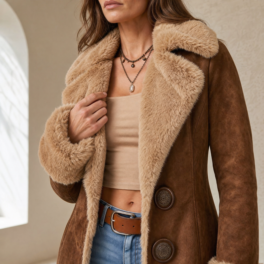 Marie | Damen Wintermantel Langer Wildleder-Kunstfell Mantel Oberbekleidung
