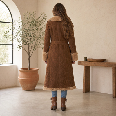 Marie | Damen Wintermantel Langer Wildleder-Kunstfell Mantel Oberbekleidung