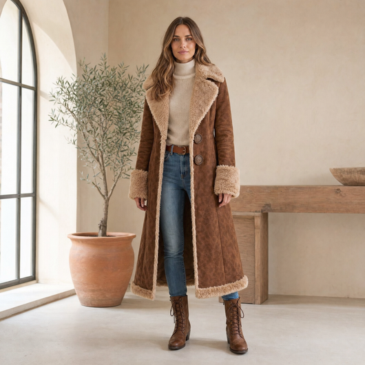 Marie | Damen Wintermantel Langer Wildleder-Kunstfell Mantel Oberbekleidung