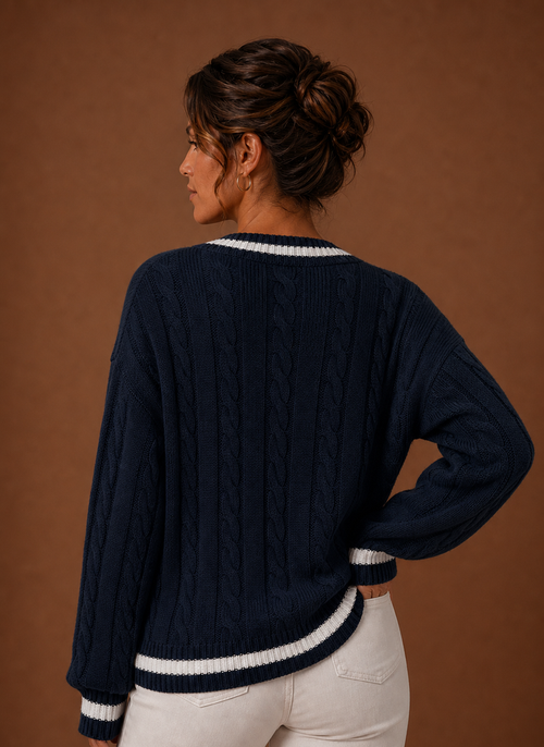 Damen Zopfstrickpullover mit V-Ausschnitt