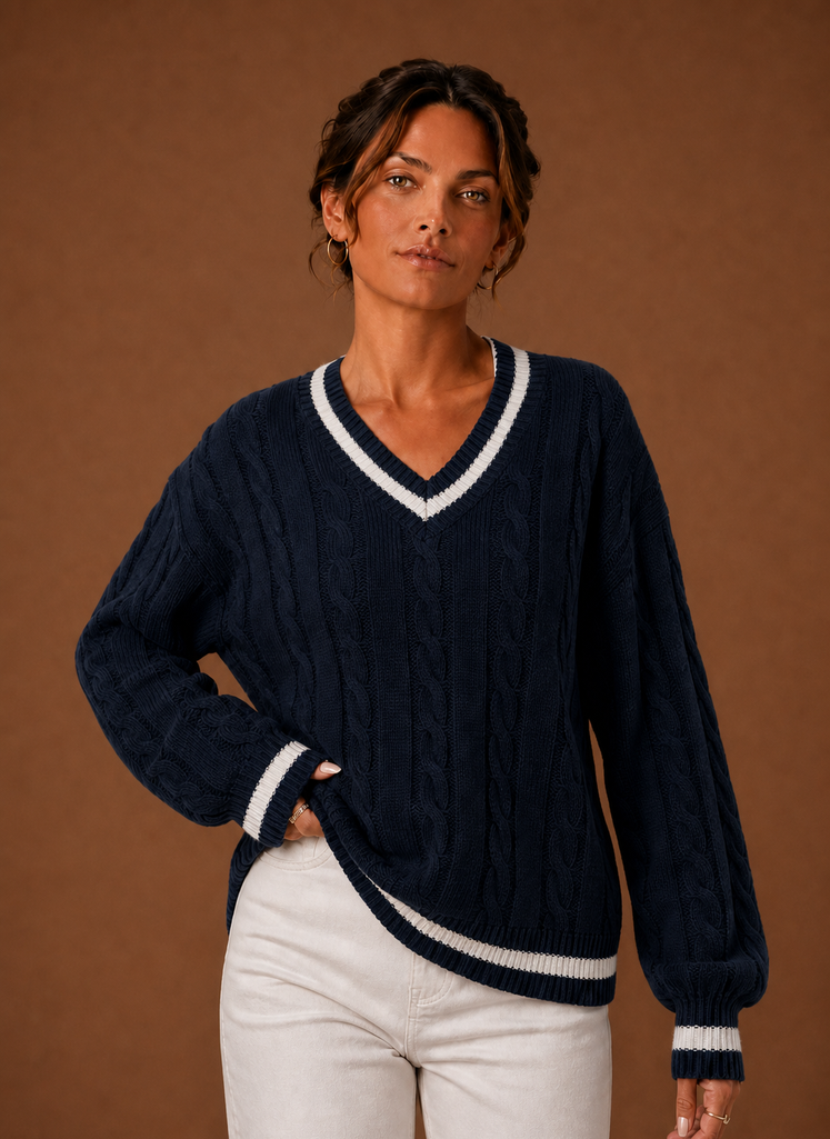 Damen Zopfstrickpullover mit V-Ausschnitt